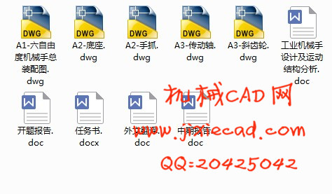 工业机械手设计及运动结构分析【六自由度机械手】【说明书+CAD】